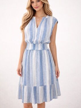 Rails Dress Women Small Blue Stripe Split V-Neck Smocked Waist Linen Blend Midi